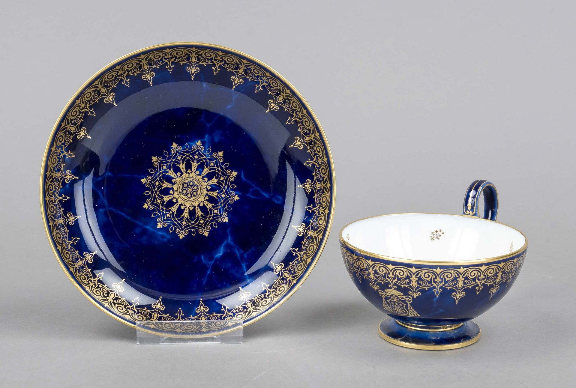 Teacup with saucer, Sevres, France, 1872, decal mark, cobalt blue ground, finely marbled in lapis