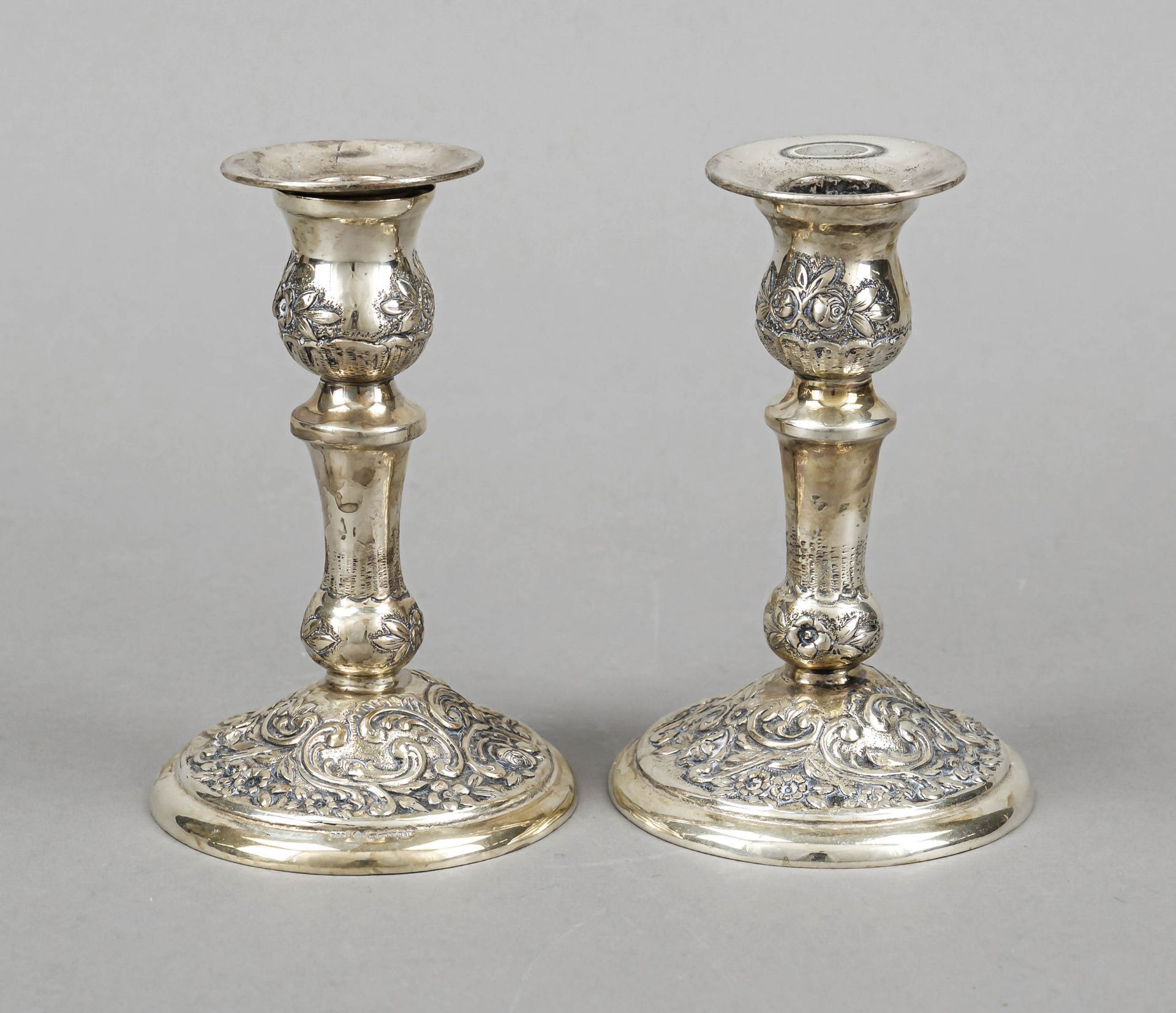 Pair of candlesticks, German, 20th century, silver 800/000, round domed stand, baluster shaft,