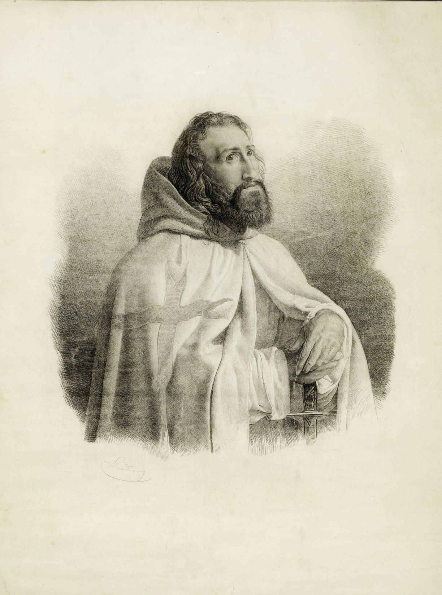 Unidentified 19th century artist, crusader in cowl and with hands resting on his sword, pencil