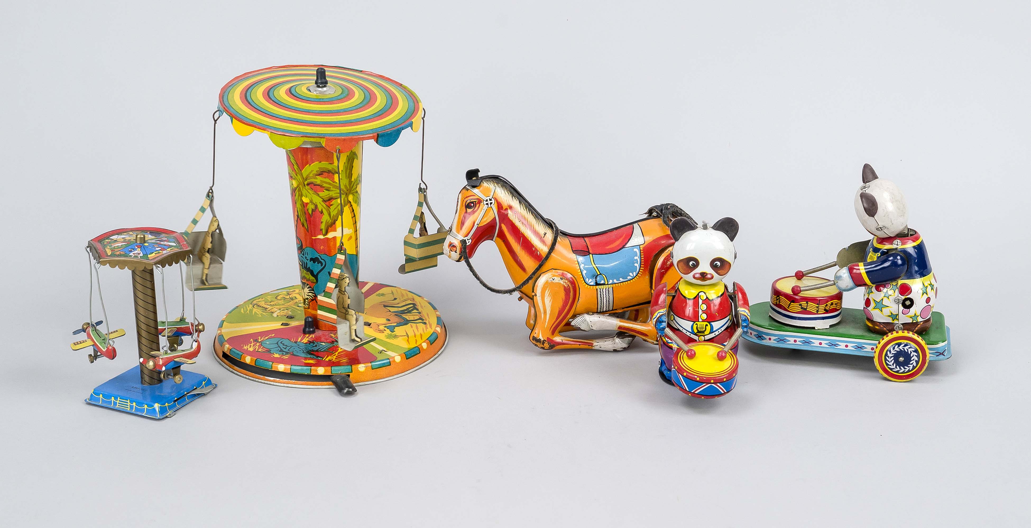 5 x tin toy with winding mechanism, 20th century, color painted tin, h. up to 17 cm