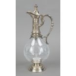 Carafe with silver mounting, 20th century, sterling silver 925/000, round domed stand, hinged hinged