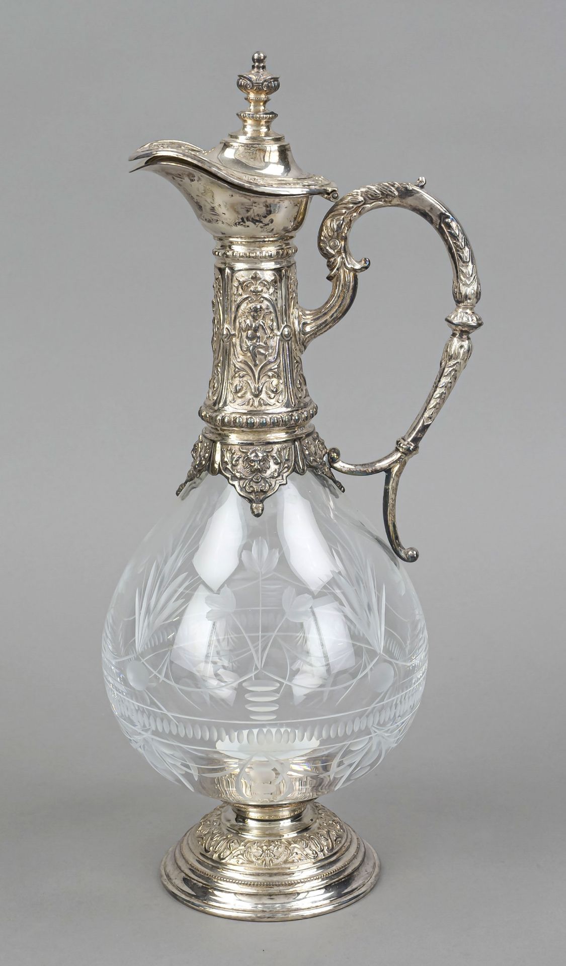 Carafe with silver mounting, 20th century, sterling silver 925/000, round domed stand, hinged hinged