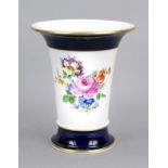 Trumpet vase, Meissen, mid 20th century, 1st choice, partly cobalt blue ground, polychrome flower