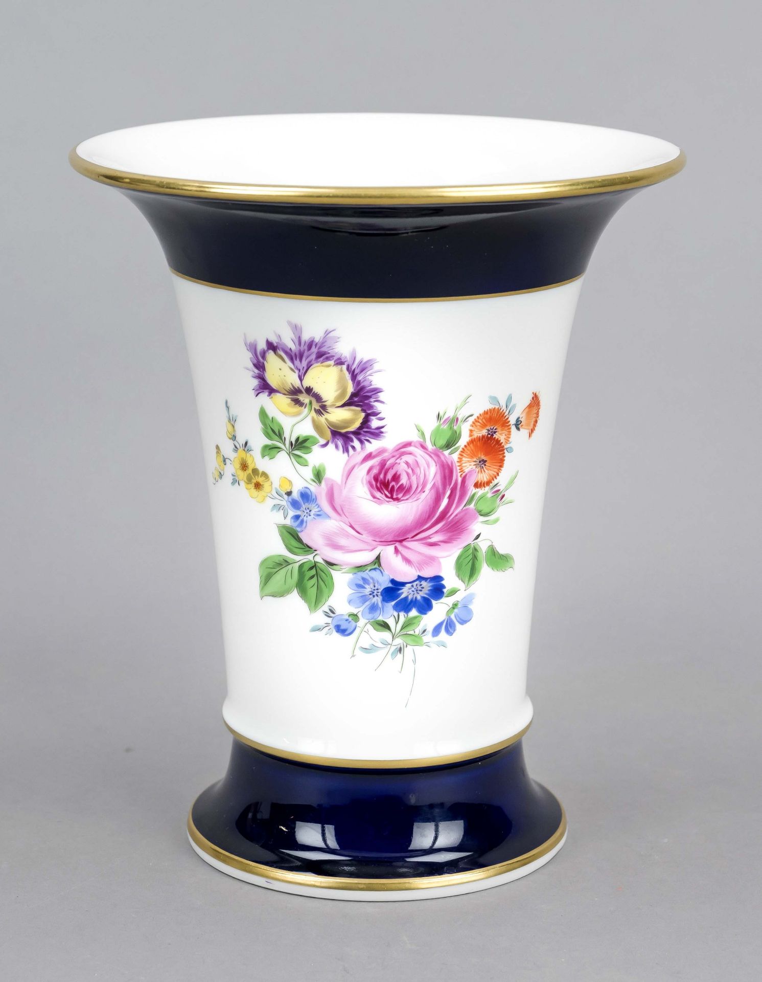 Trumpet vase, Meissen, mid 20th century, 1st choice, partly cobalt blue ground, polychrome flower