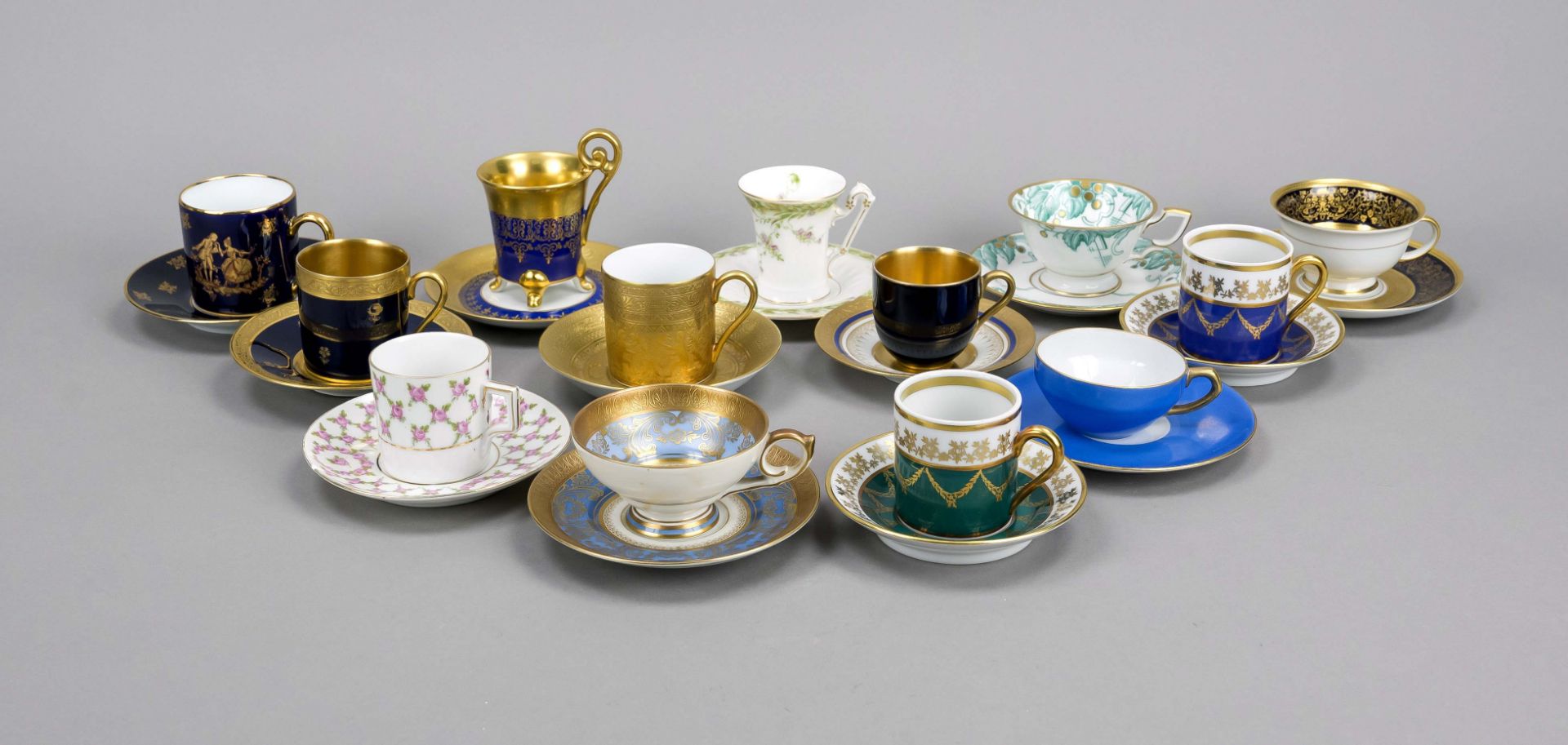 A collection of 13 demitasse cups with saucer, 19th/20th cent, various manufactories, including