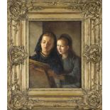 Anonymous 19th century genre painter, two girls critically examining a painting, oil on canvas,
