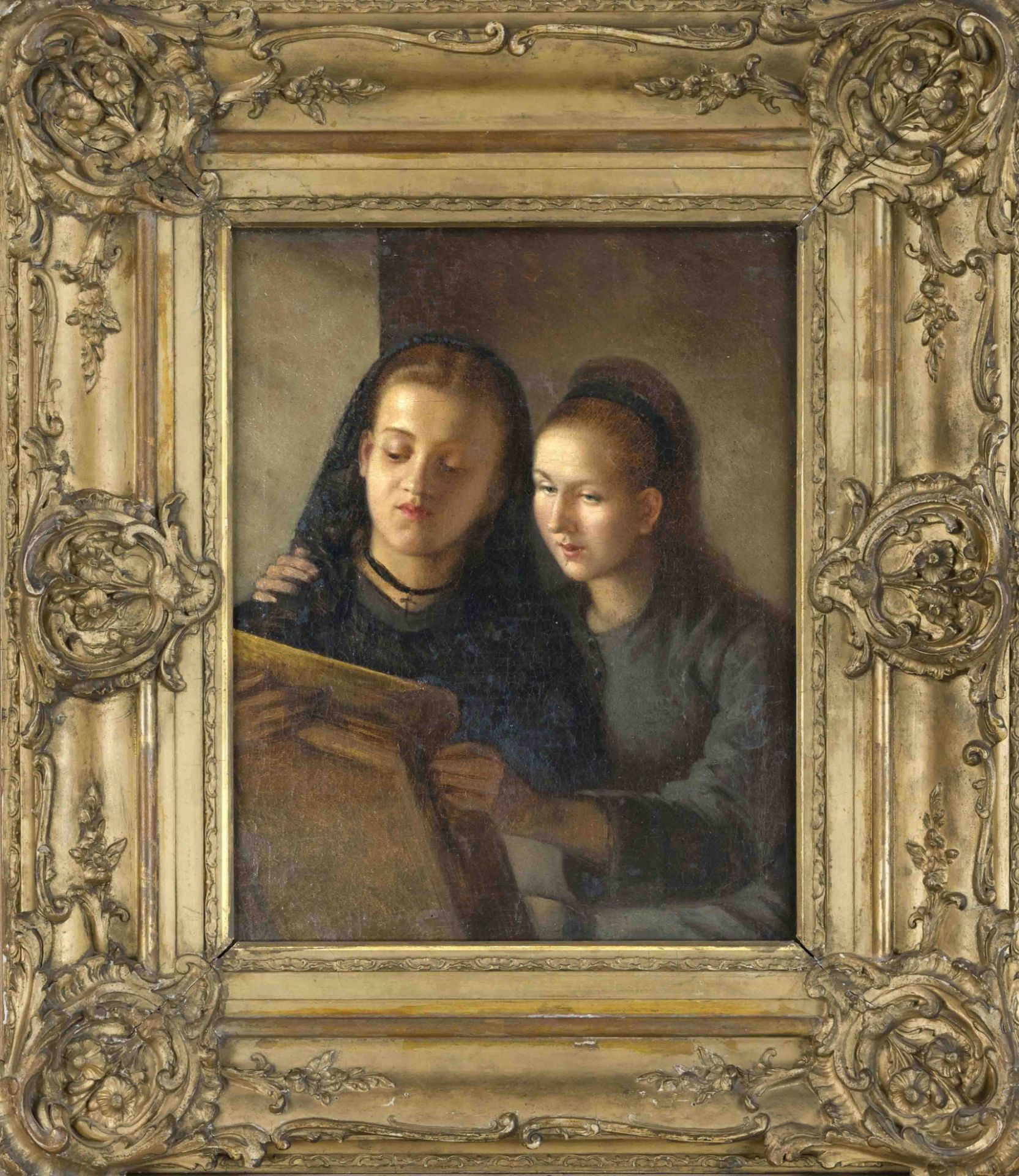 Anonymous 19th century genre painter, two girls critically examining a painting, oil on canvas,