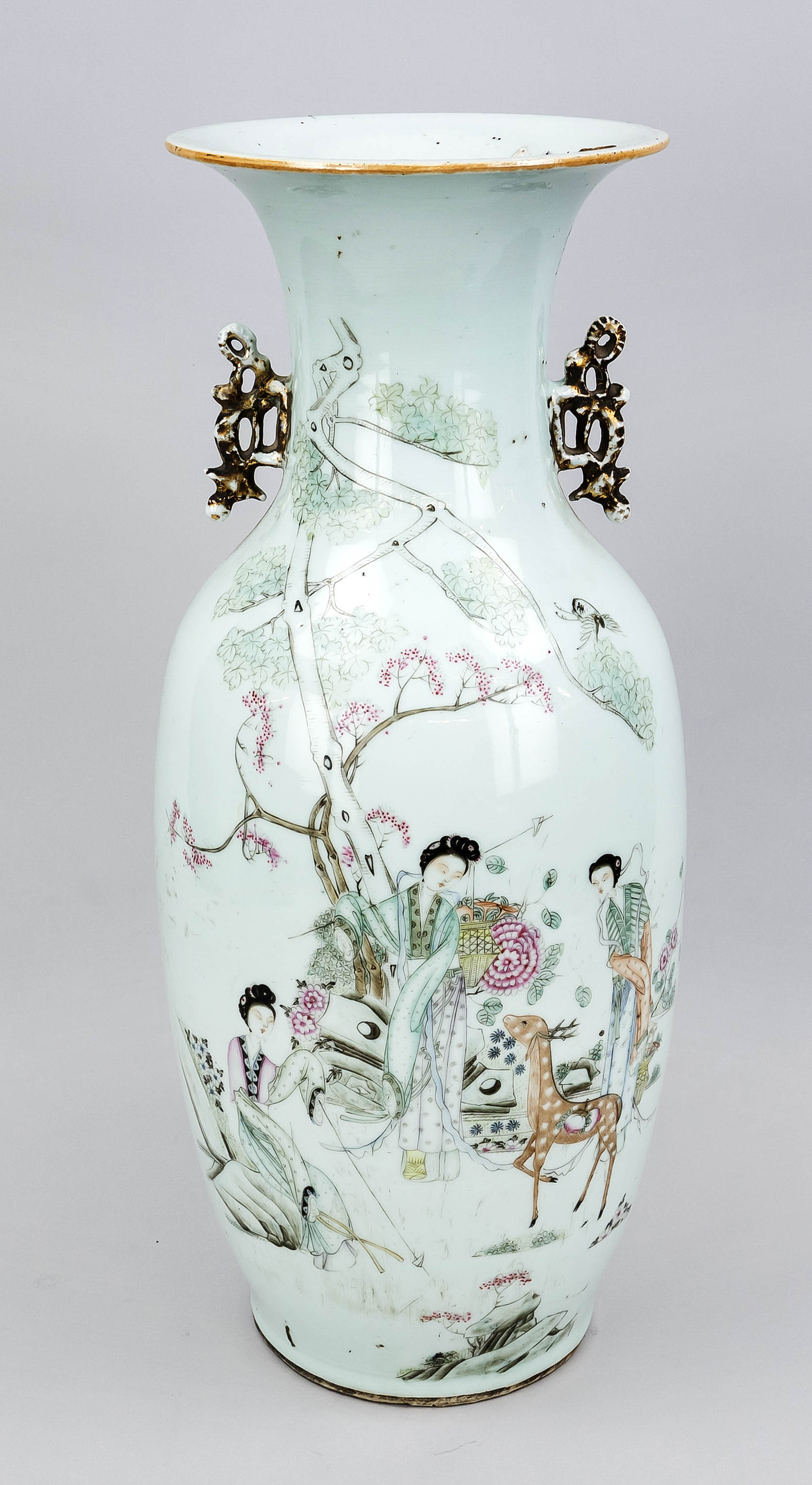 Famille Rose baluster vase, China, Republic period. Decorated with a multi-figure garden scene