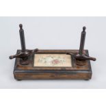 Card press, 2nd half 19th century, walnut veneered, flat, rectangular base, with 2 vices, top with