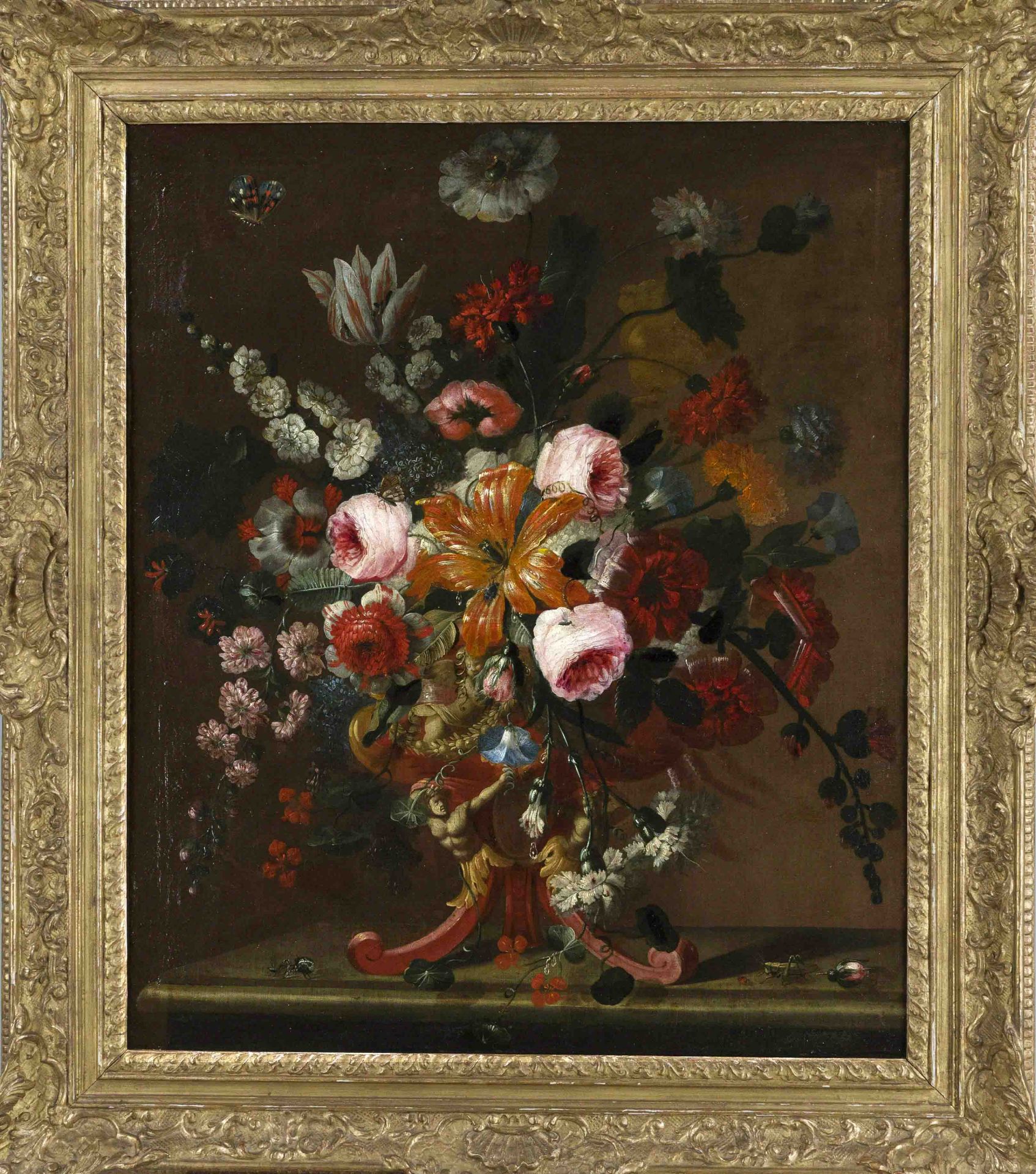 Dutch flower painter c. 1700, large floral arrangement in a bowl over a figurative coral-colored