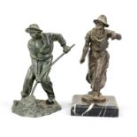 Two sculptures of workers by various sculptors, 1st half of the 20th century, green patinated