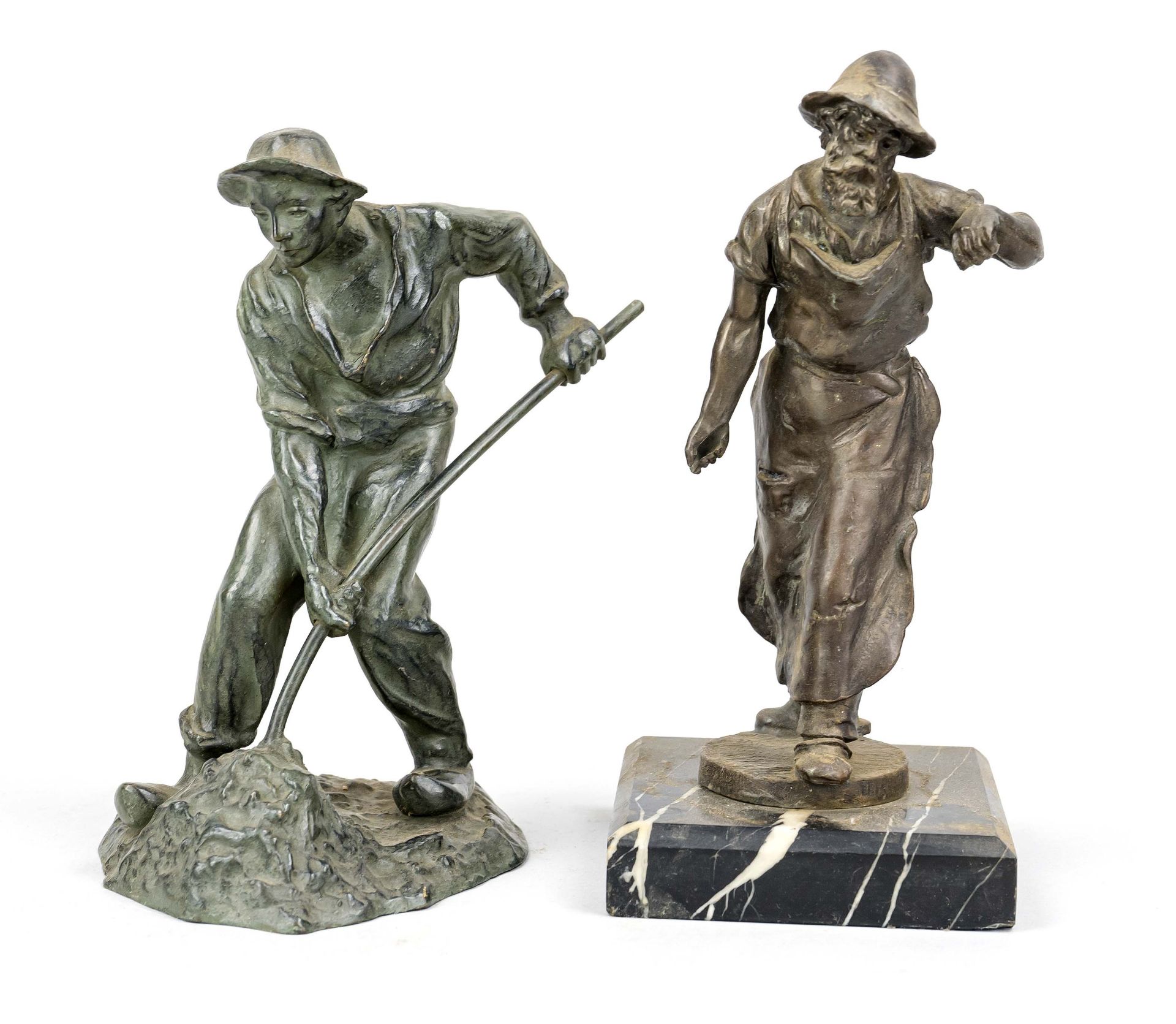 Two sculptures of workers by various sculptors, 1st half of the 20th century, green patinated