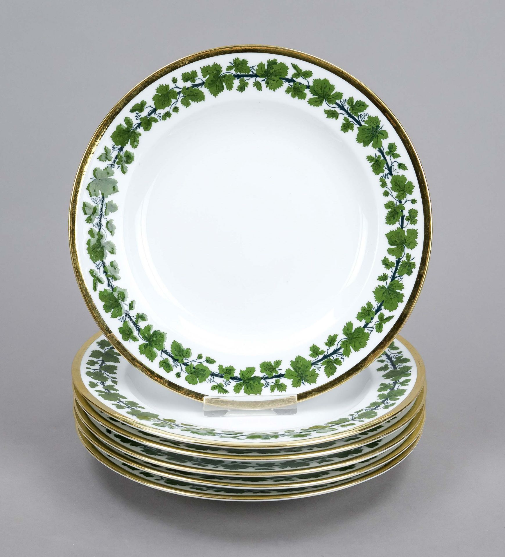 Six breakfast plates, Meissen, Knauf period (1850-1924), 1st choice, flag with surrounding vine leaf