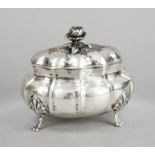 Oval lidded sugar bowl, German, 20th century, silver 800/000, gilded interior, on 4 decorated