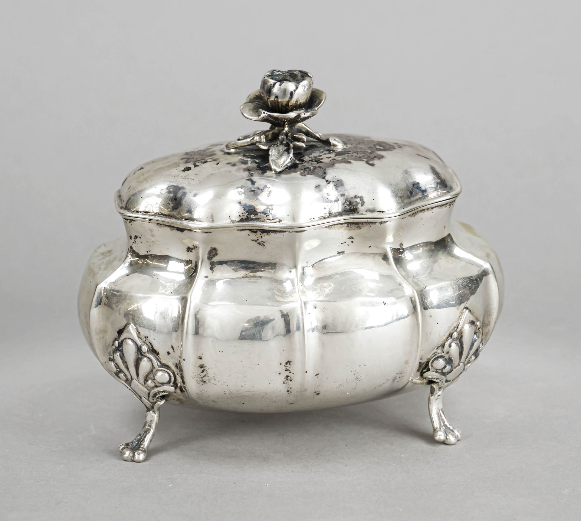 Oval lidded sugar bowl, German, 20th century, silver 800/000, gilded interior, on 4 decorated