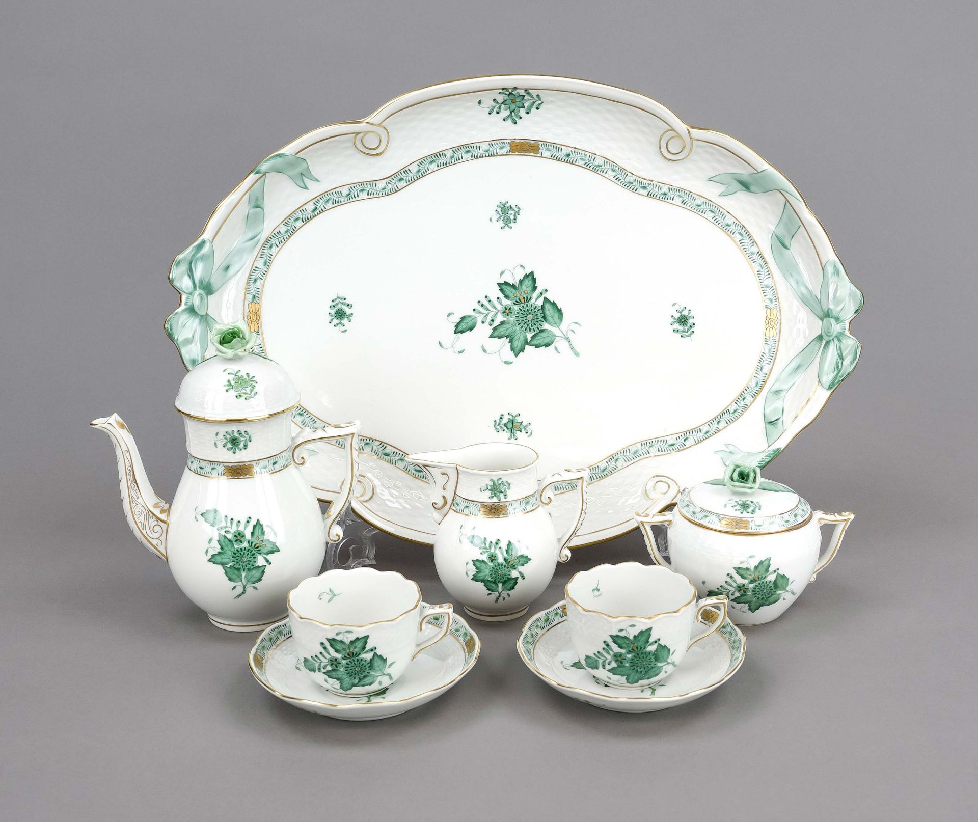 Tete-à-Tete, 6-piece, Herend, 20th century, Ozier form, Apponyi decoration in green, ornamentally