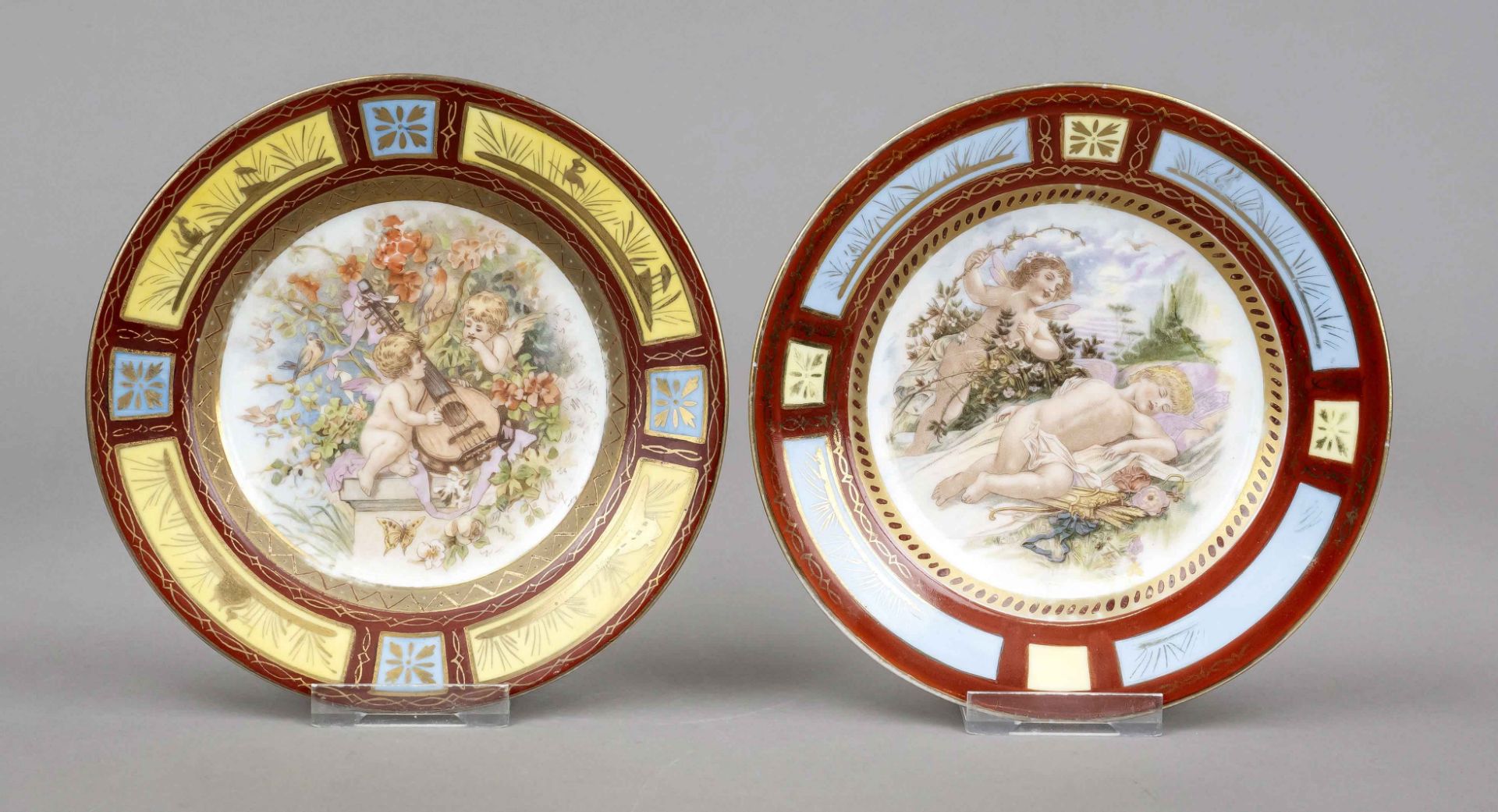 Pair of picture plates, Thuringia, 20th century, the mirror with decorative scenes with cupids,