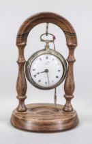 Walnut pocket watch stand with silver verge pocket watch in overcase, pocket watch by Norton