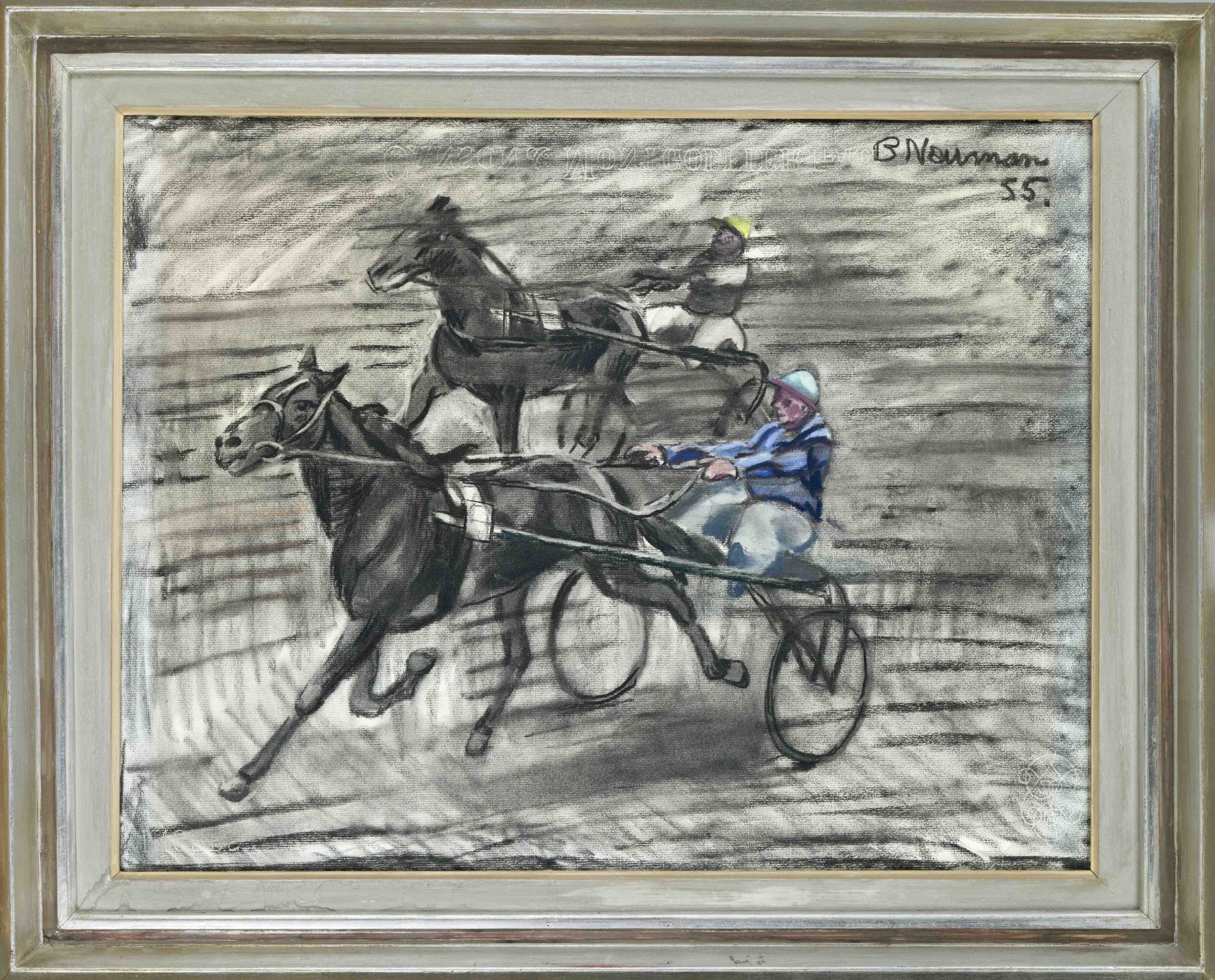 signed B. Nauman, mid-20th century, Trotting, color chalk on laid paper, signed and dated (19)55