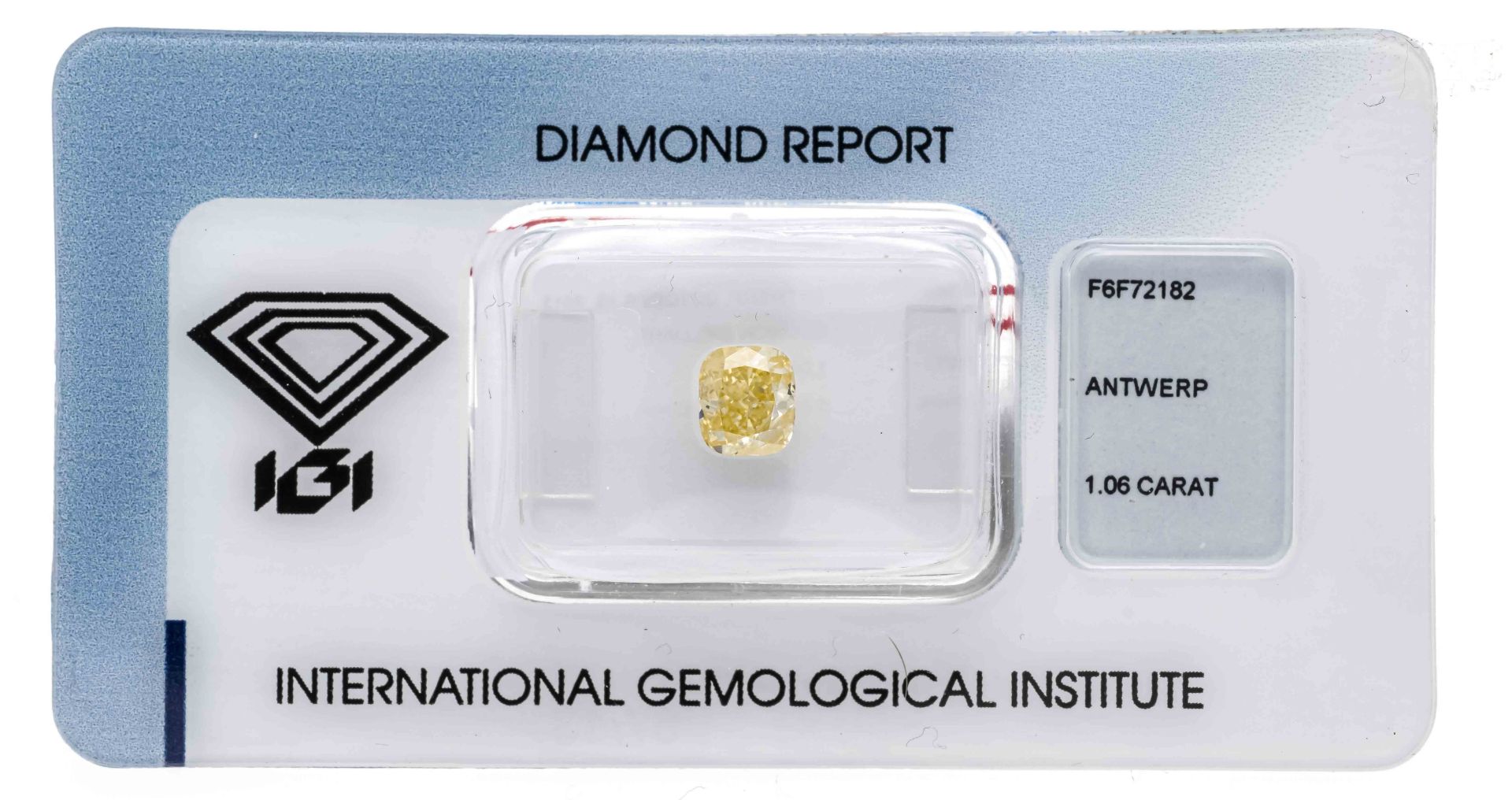 Natural cushion brilliant-cut diamond 1.06 ct, 5.94 x 5.25 x 3.80 mm, intense yellow - orange,