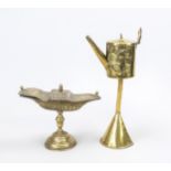 Incense boat and oil lamp, 19th century, chased and embossed brass. The incense burner with round