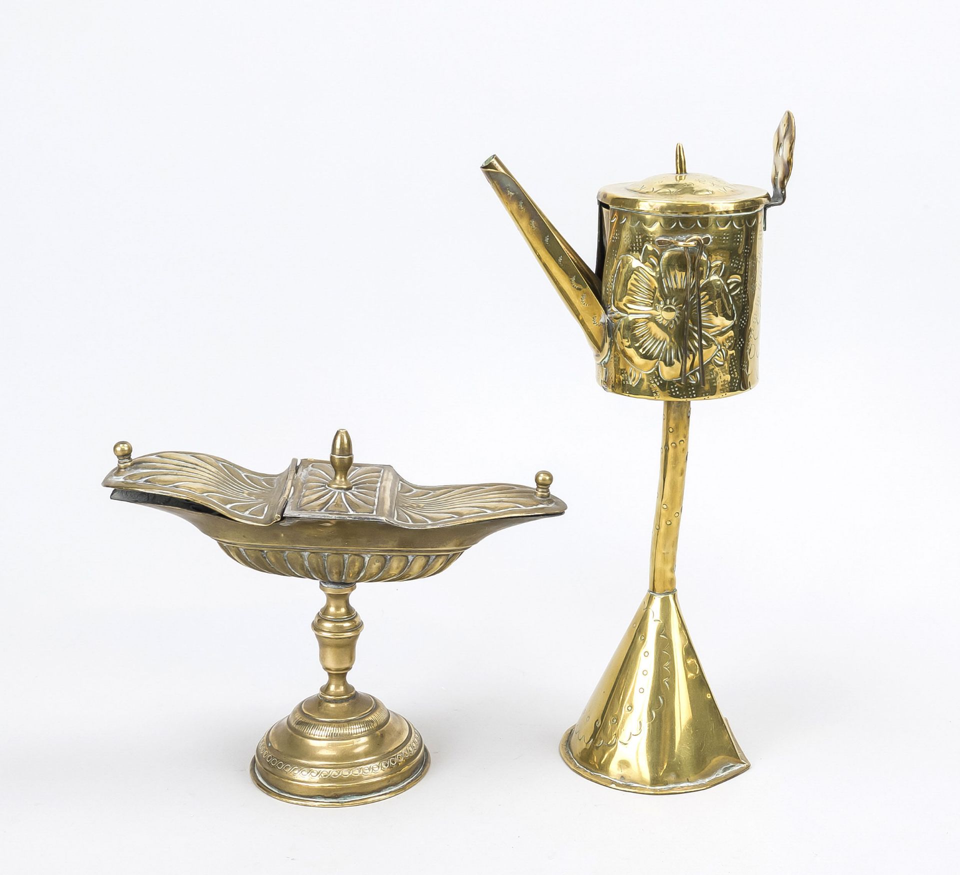 Incense boat and oil lamp, 19th century, chased and embossed brass. The incense burner with round