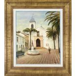 signed Aldama, Spanish painter Edne 20th century, large view of a village square with a church under