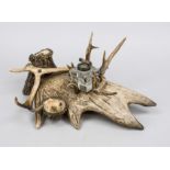 Writing utensil made of stag horn, c. 1900, mounted from antler poles, a cut glass inkwell in the