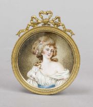 Miniature, 19th century, polychrome tempera painting on bone plate, unopened, round bust portrait of