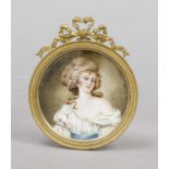 Miniature, 19th century, polychrome tempera painting on bone plate, unopened, round bust portrait of