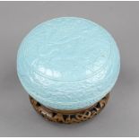 Monochrome lidded box with relief decoration, China, age uncertain. Modelled decoration on all sides
