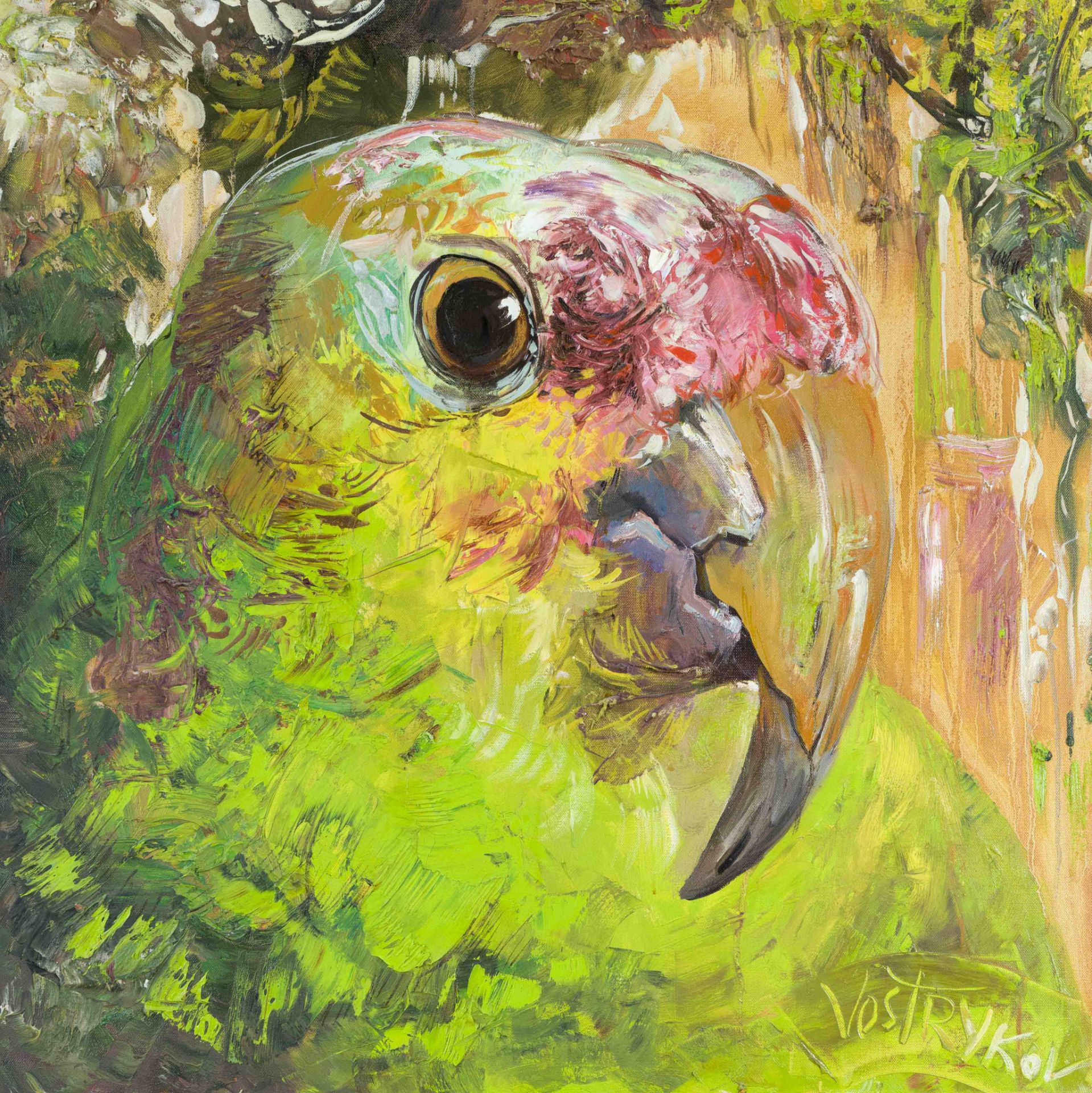 Vasyl Vostryakov, contemporary Ukrainian artist from Kiev, active in Berlin, head of a parrot, oil