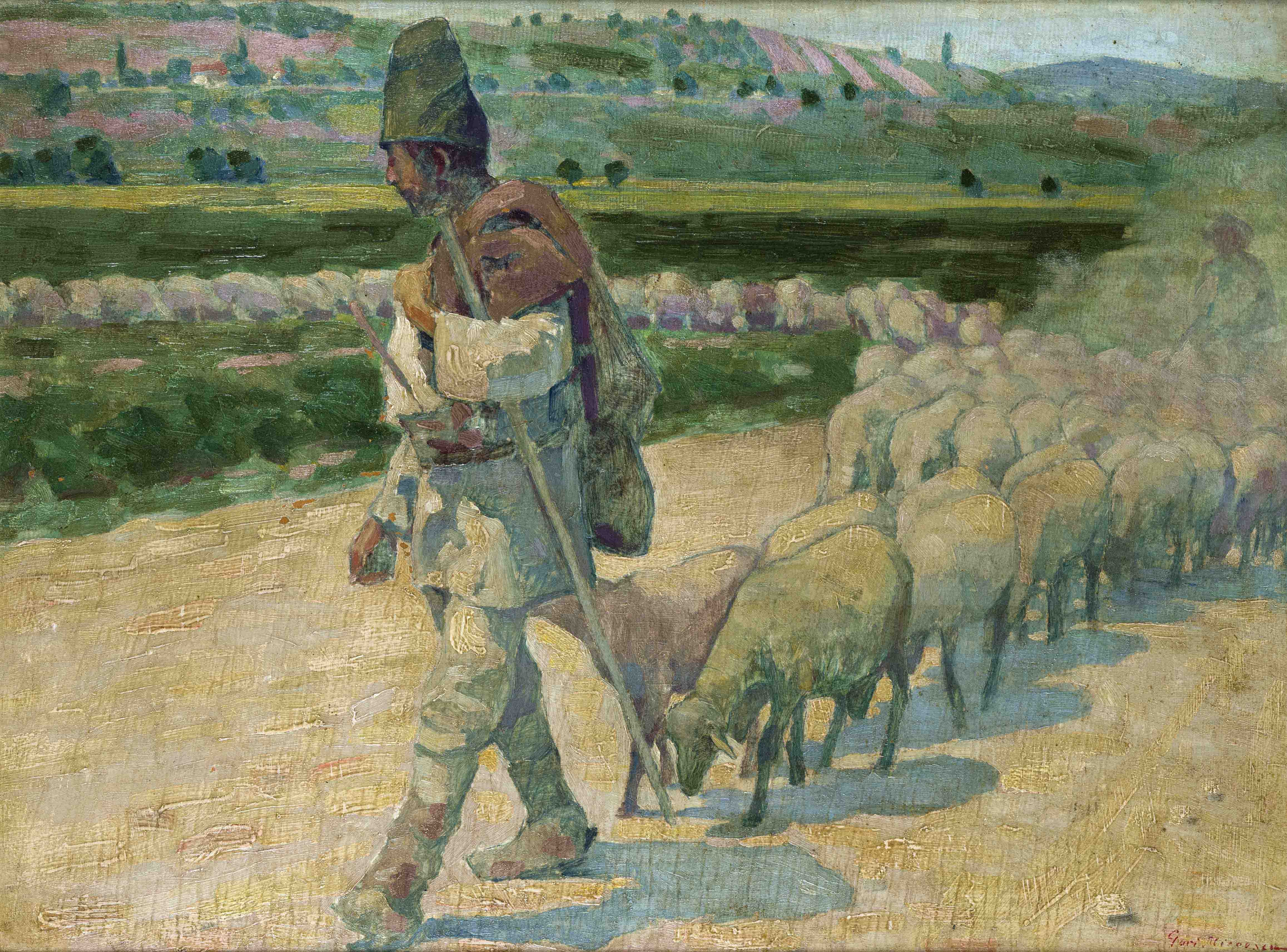 Gore Mircescu (1885-1950), Romanian artist, Landscape with a shepherd and his large flock of