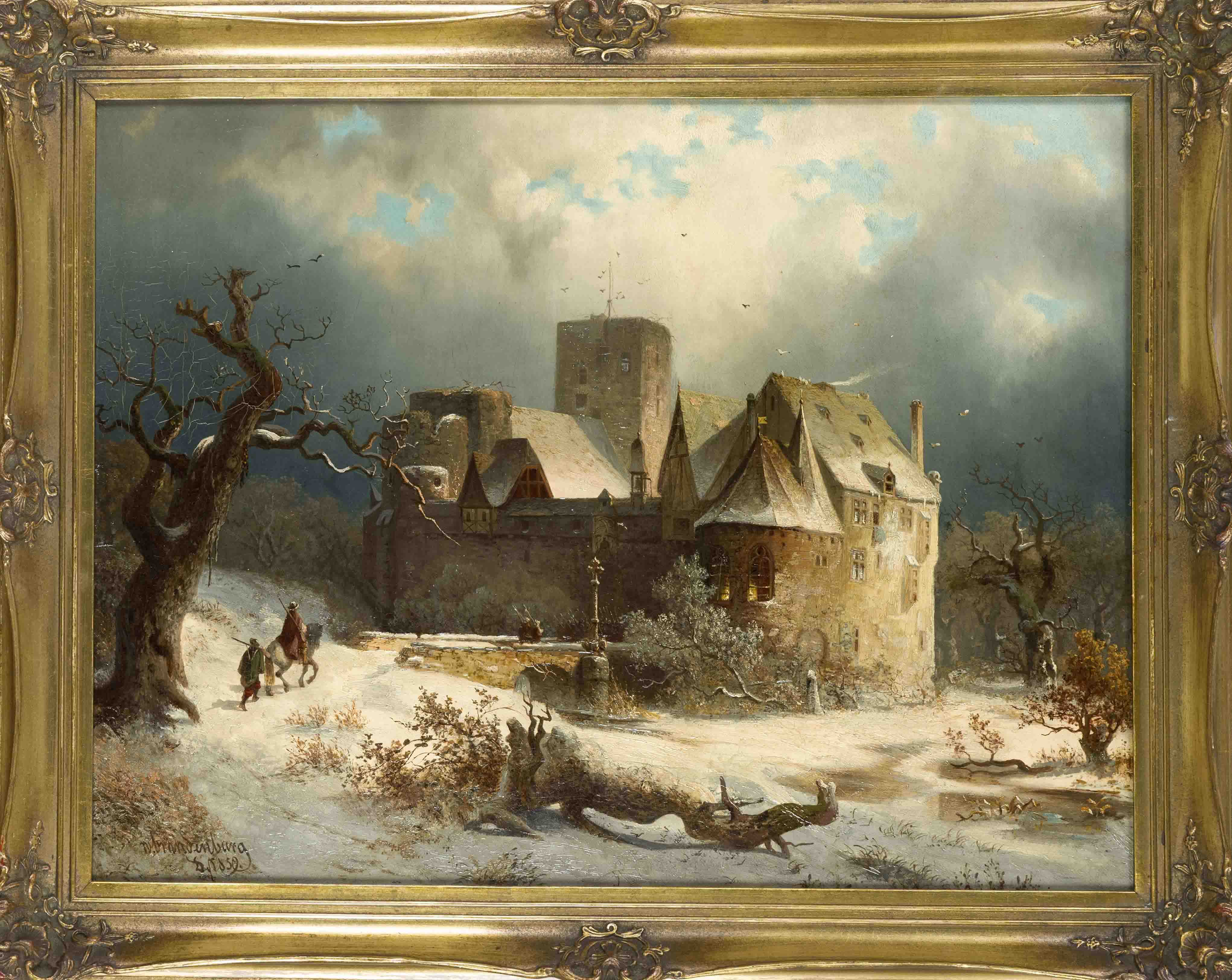 Wilhelm Brandenburg (1824-1901), Düsseldorf painter, two people approaching a castle in a romantic