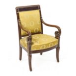 Empire armchair from around 1820, mahogany, partly carved, yellow cover, 95 x 63 x 50 cm - The