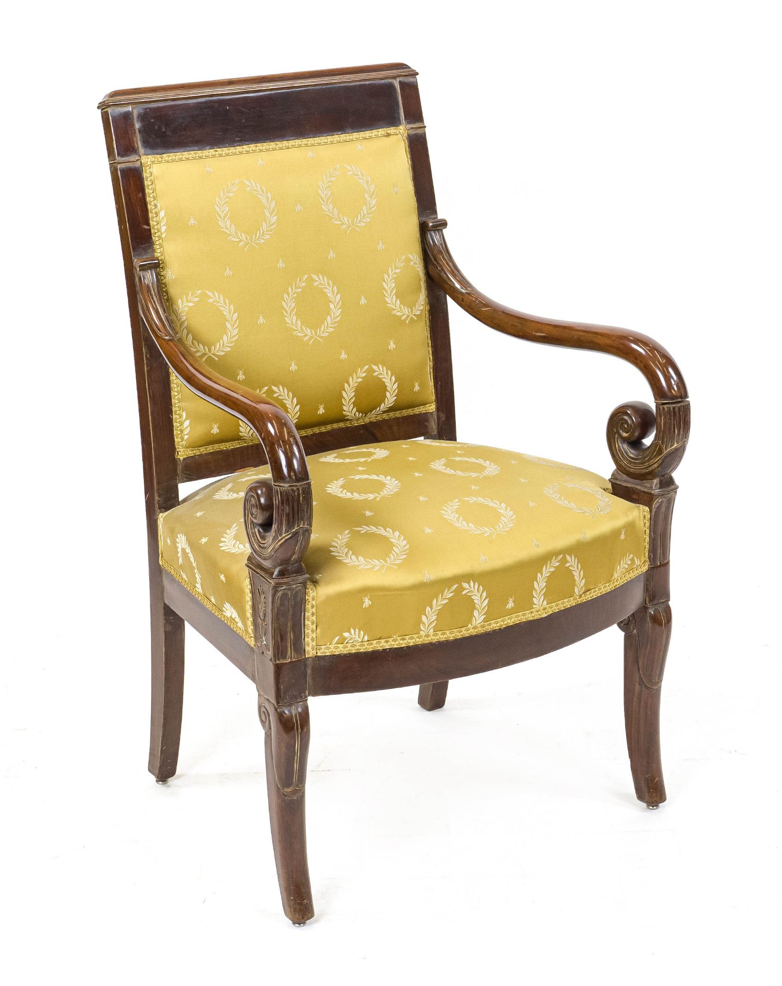 Empire armchair from around 1820, mahogany, partly carved, yellow cover, 95 x 63 x 50 cm - The