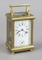 Travel alarm clock, France 19th century, brass, with top handle, faceted glass on all sides, faceted