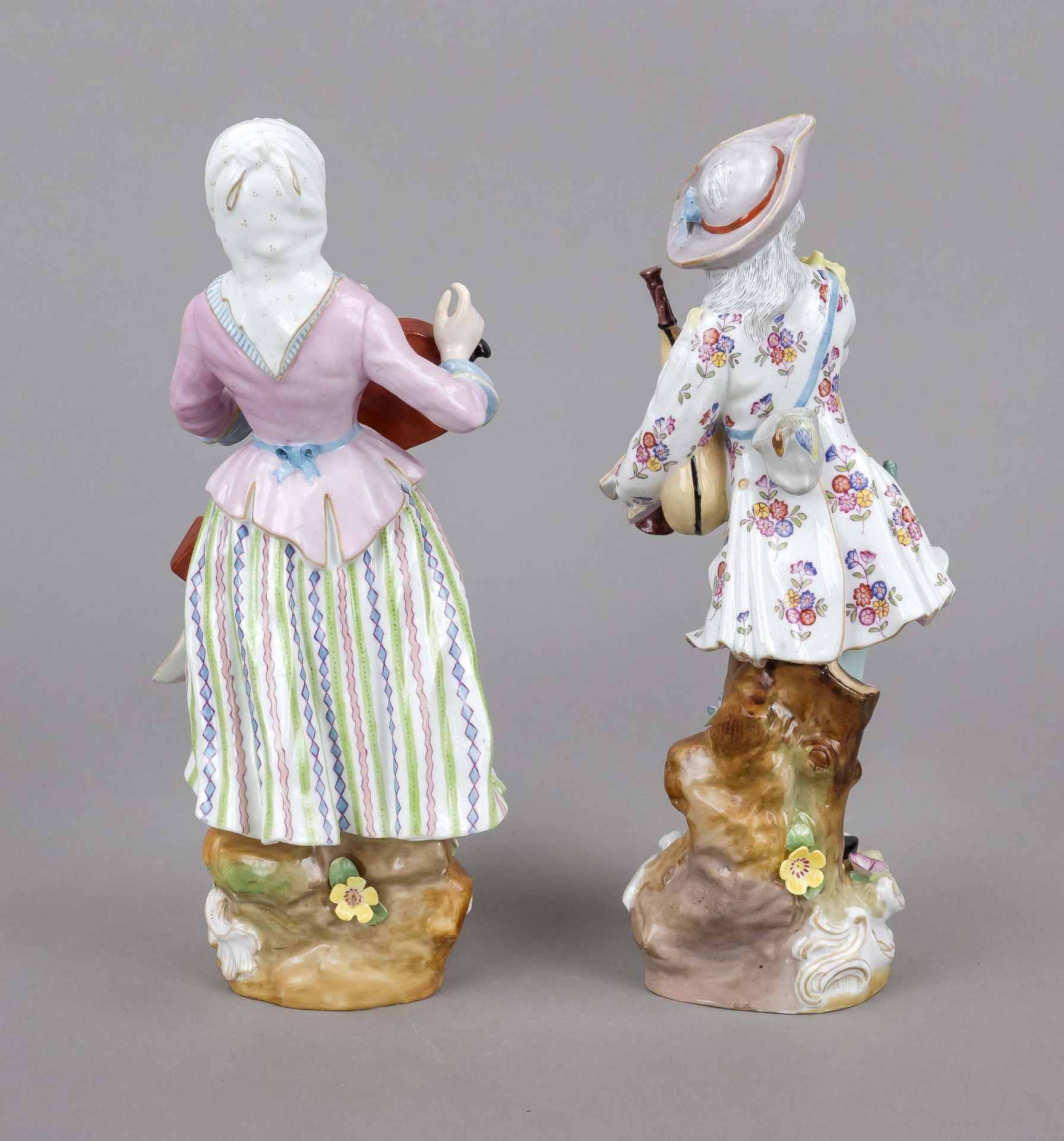 Musical couple, w. England, 20th century, Meissen imitation mark, lute player and bagpiper, standing - Image 2 of 2