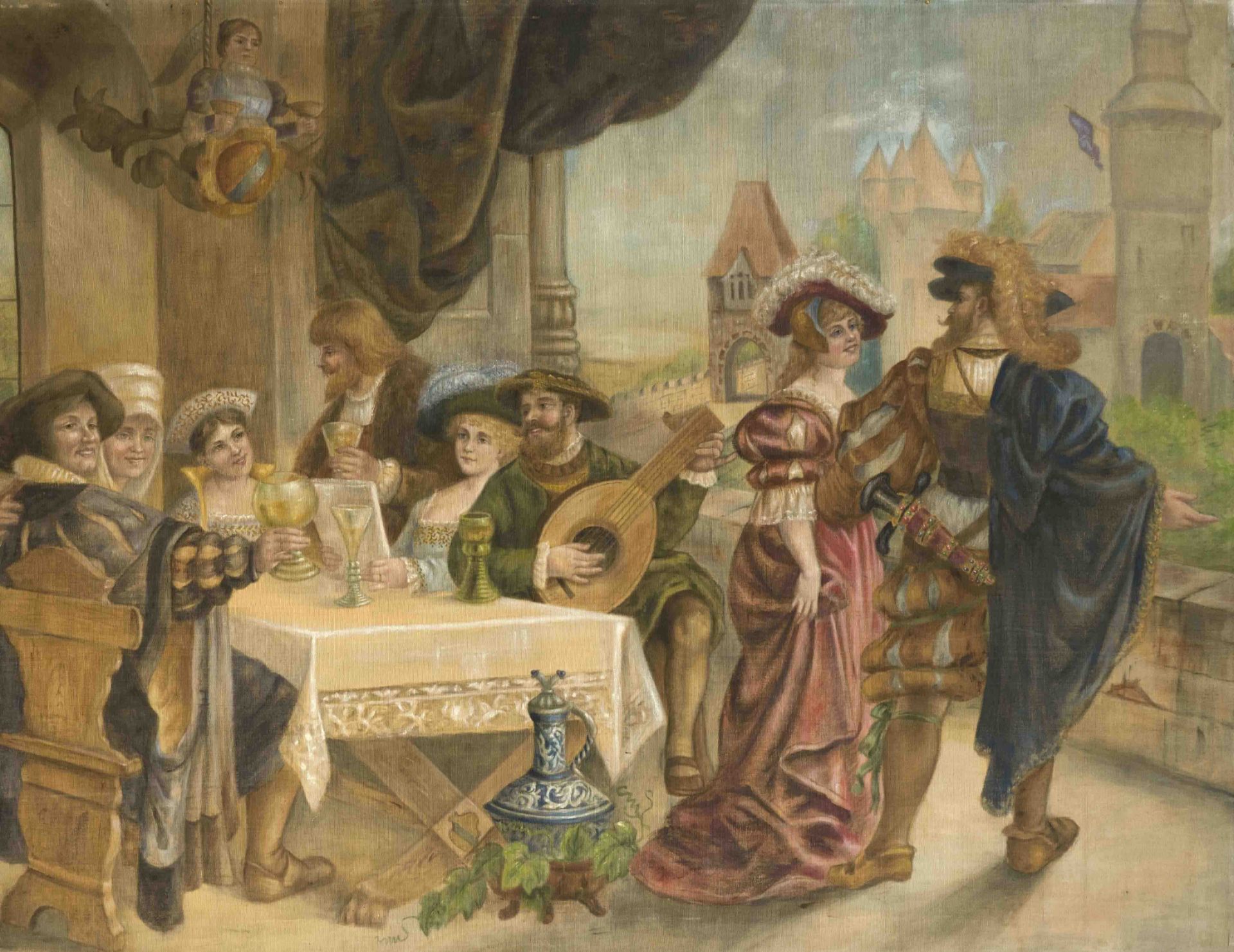 Anonymous painter around 1900, large, historicizing painting of a dinner party in late medieval