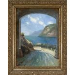 Unidentified artist c. 1900, Passage along a lakeside road with a view of Lake Garda, oil on canvas,