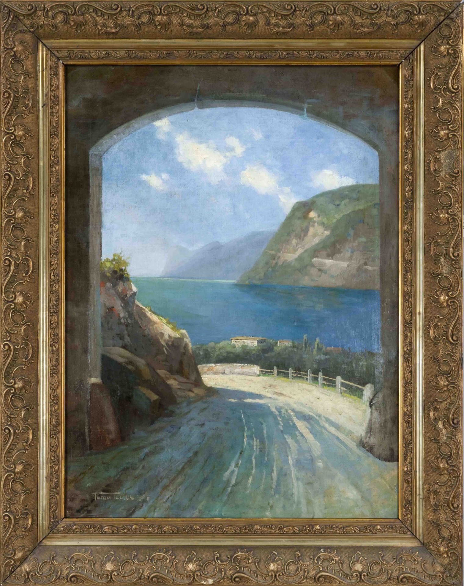 Unidentified artist c. 1900, Passage along a lakeside road with a view of Lake Garda, oil on canvas,