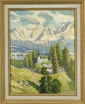 Hermann Seidl, southern German painter c. 1920, Village church in front of an Alpine panorama, oil