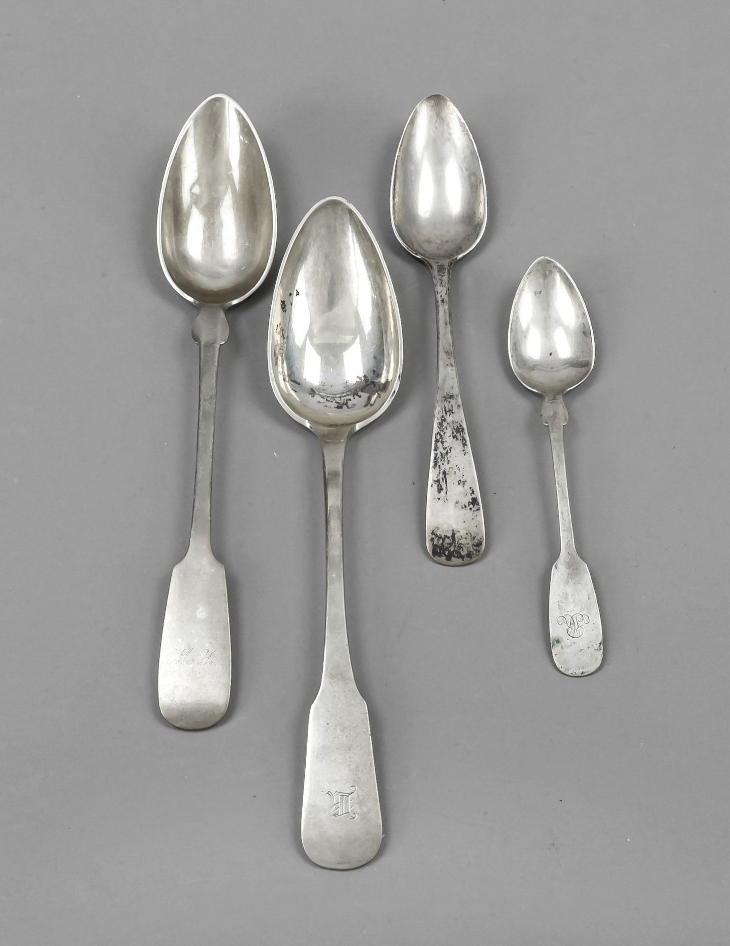 Eleven spoons, 19th/20th century, hallmarked silver, various decorations, including spade shape,