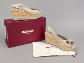 Baldinini, platform wedge sandals, soft sand-coloured suede and other materials, attached bow with