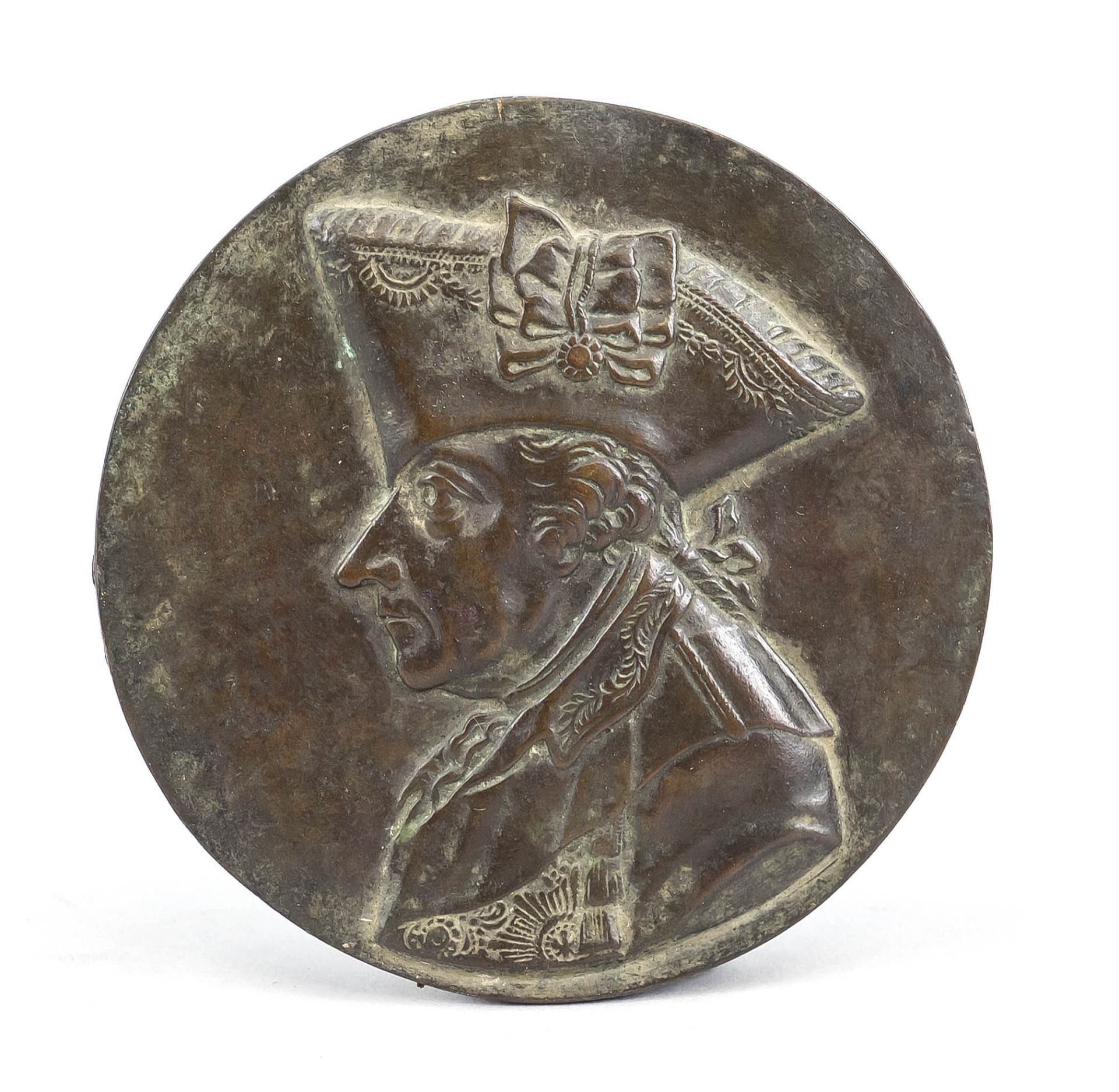 Bronze plaque of Frederick the Great, Prussia, c. 1800, relief portrait in profile, d. 8.5 cm