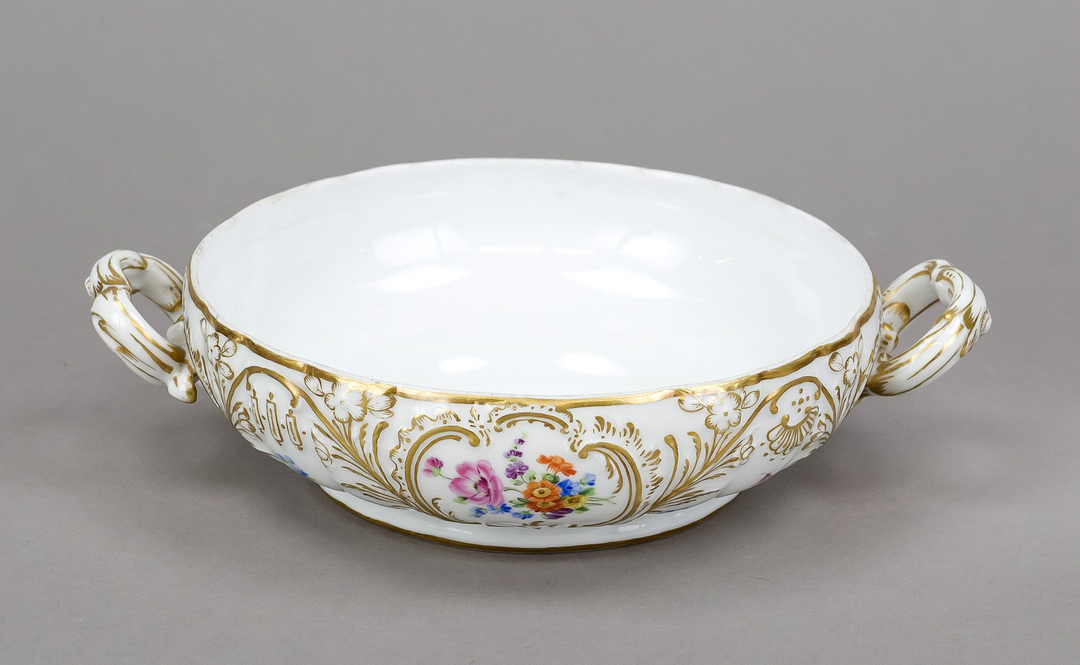 Bowl, Meissen, 18th century, Dulong Releif, side handles, polychrome painting with flowers and