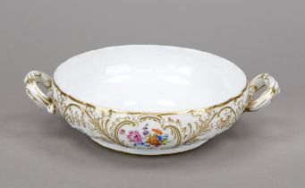 Bowl, Meissen, 18th century, Dulong Releif, side handles, polychrome painting with flowers and