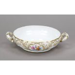 Bowl, Meissen, 18th century, Dulong Releif, side handles, polychrome painting with flowers and