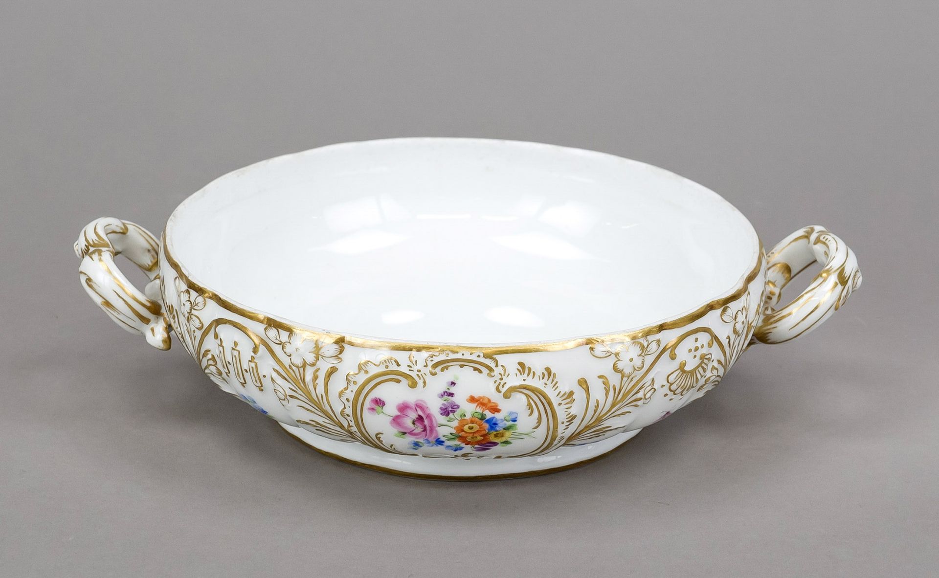 Bowl, Meissen, 18th century, Dulong Releif, side handles, polychrome painting with flowers and