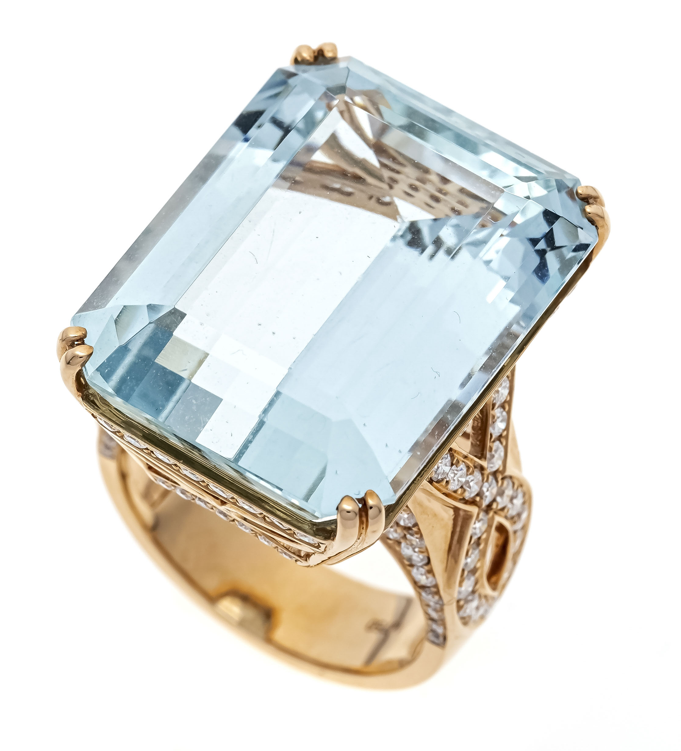 Aquamarine-brilliant ring RG 750/000 with an emerald-cut excellent aquamarine 31.15 ct in very